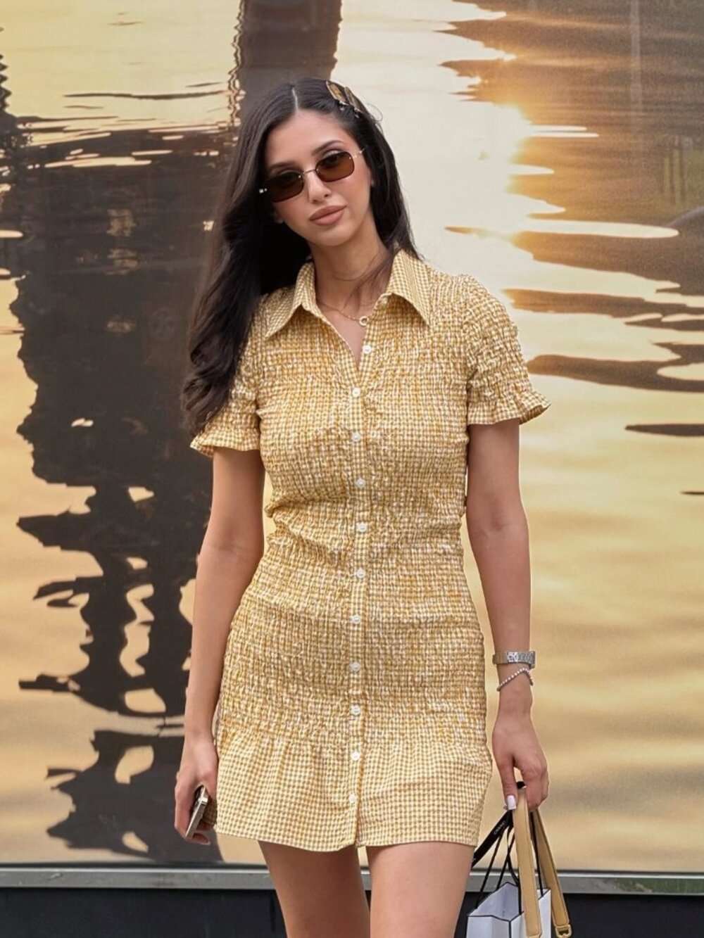 NWT ZARA GINGHAM FRILL DRESS MUSTARD 4661/327 Sz-S